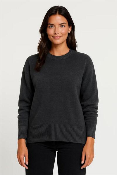 WeShaya Antrasıt Bisiklet Yaka Ribana Detaylı Yumuşak Dokulu Salaş Triko Kazak