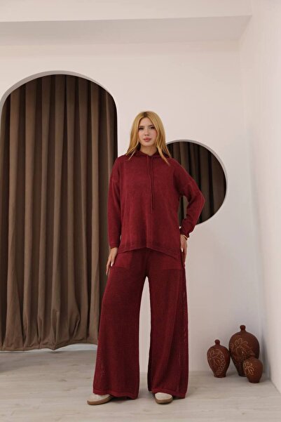 AYASOFYA OTANTIK Women's Burgundy Hooded Blouse and Lined Elastic Waist Trousers Distressed Cotton Knitwear 2-Piece Set