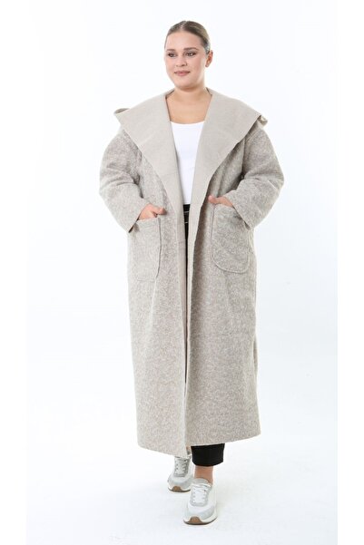 Butik Nilyam Women's Plus Size Long Hooded Turn-Down Collar Distressed Cashmere Coat 25056