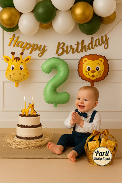 parti hediye sepeti Safari Temalı 2 Yaş Doğum Günü Balon Seti | Aslan Zürafa Folyo Balon + Happy Birthday Yazısı