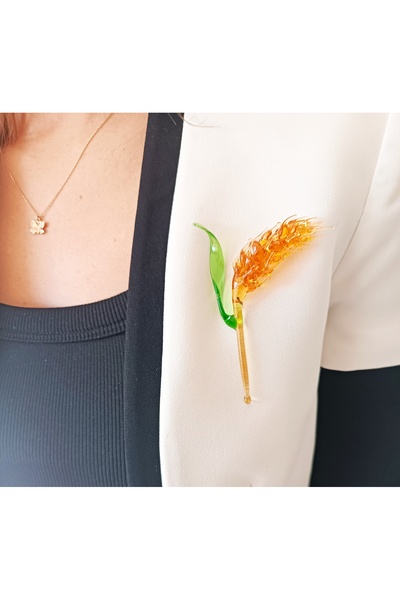 ADAMODART El Yapımı Cam Buğday Tanesi Broş – Sarı Çiçekli Yaka Aksesuarı