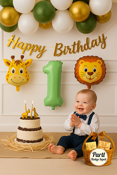 parti hediye sepeti Safari Temalı 1 Yaş Doğum Günü Balon Seti | Aslan Zürafa ...