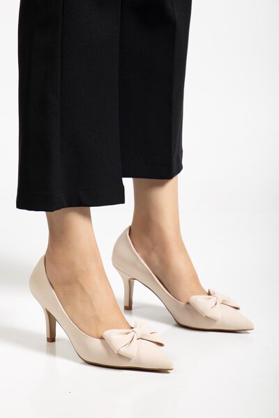 Dilimler Ayakkabı Plus Size Women's Stiletto Thin Heeled Shoes Beige Satin Bowknot