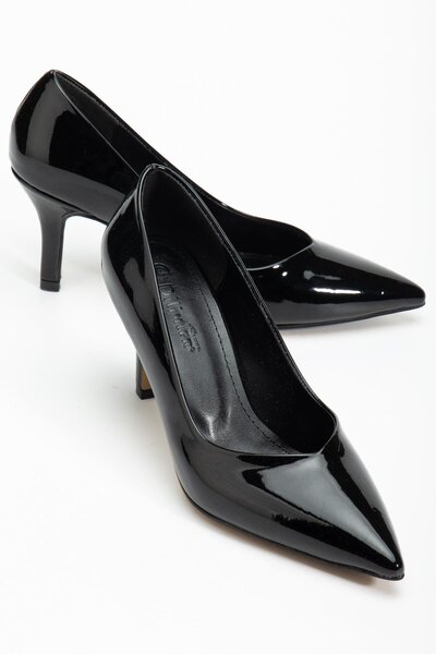 Dilimler Ayakkabı Plus Size Women's Stiletto Thin Heel Shoes Black Patent Leather V-Face