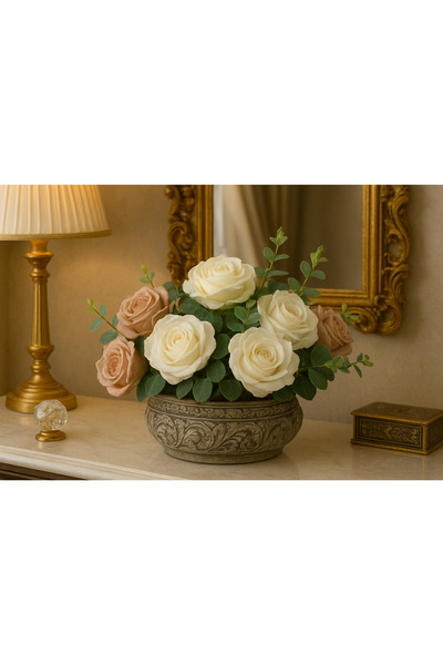 Cennet Home Lüks Antik Beton Saksıda Gül Aranjmanı Dekoratif Masaüstü Yapay Çiçek