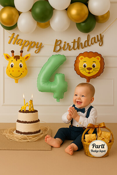 parti hediye sepeti مجموعة بالونات عيد ميلاد بعمر 4 سنوات بطابع السفاري |   ب...
