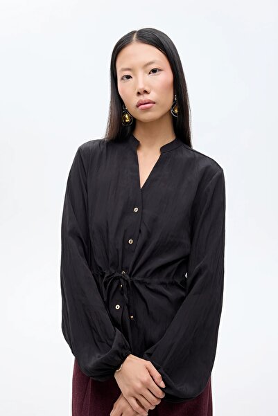 Quzu Kadin Siyah Önü Bağlama Detaylı Gömlek Gömlek 26KGML00940-Siyah