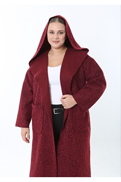 Butik Nilyam Women's Plus Size Long Hooded Turn-Down Collar Distressed Cashmere Coat 25056