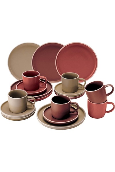 OEM Coffee Service for 6 People, 18 Pieces, Van Well, Pink-dark red-beige