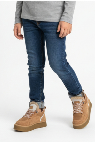 Moda Lime Unisex Soğuk Havaya Dayanıklı Bağcıklı Önü Peluş Kürklü Astarlı Kaymaz Hafif Taban Çocuk Kışlık Bot