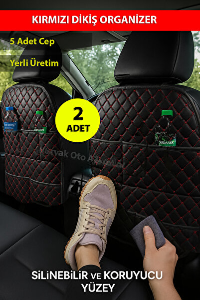 Nuryak Oto Aksesuar 2 Pieces of Leather Organizer with Red Stitching on the Back of the Seat, Compatible with All Vehicles