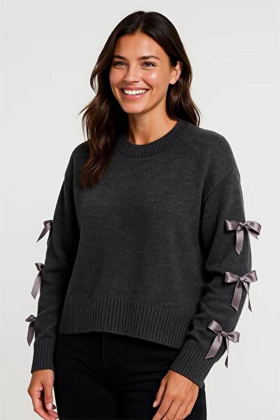 WeShaya Pulover casual cu mâneci lungi, cu detaliu de panglică antracit