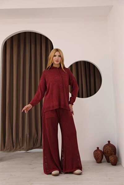 AYASOFYA OTANTIK Women's Burgundy Hooded Blouse and Lined Elastic Waist Trousers Distressed Cotton Knitwear 2-Piece Set