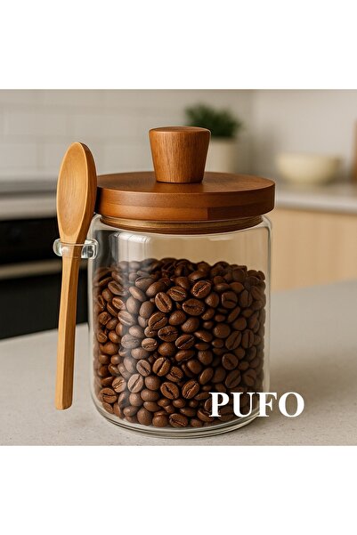 PUFO Borosilicate glass container for storing spices, sugar, coffee, with wooden lid and spoon, 500 ml