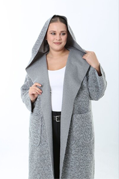 Butik Nilyam Women's Plus Size Long Hooded Turn-Down Collar Distressed Cashmere Coat 25056