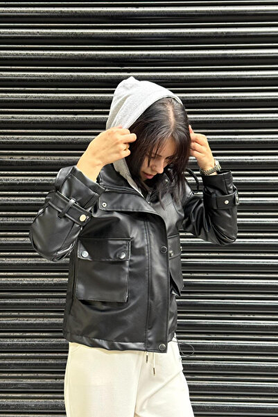 thesunfyre Jachetă din piele artificială cu glugă gri pentru femei, cu detali...