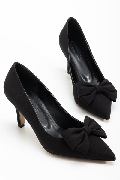 Dilimler Ayakkabı Plus Size Women's Stiletto Thin Heel Shoes Black Satin Bowknot