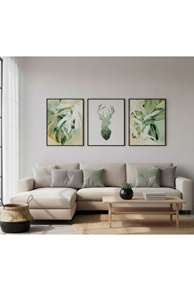 Linacci Set of 3 Black Metal Frame Green Deer Leaf Glass Paintings