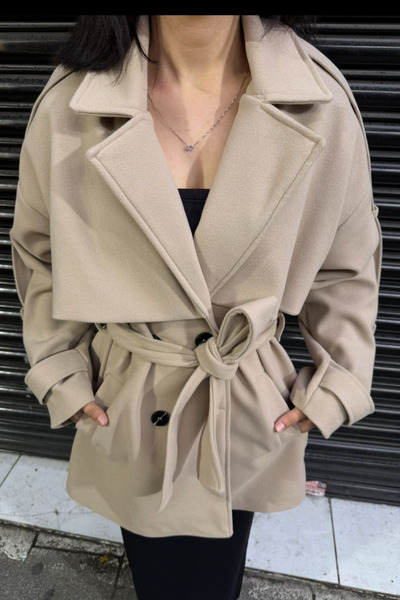 thesunfyre KADIN Oversize Kuşaklı Astarlı Premium Kaşe