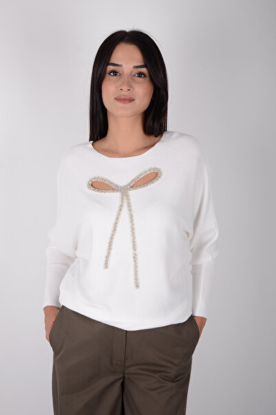 Marjinal Kadın fiyonk detaylı taşlı pamuklu triko kazak