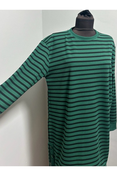 MSA Giyim Women's Ribbed Slit Detailed Long Sleeve Striped Casual Stretchy Tunic Sweat Hijab Combed Cotton