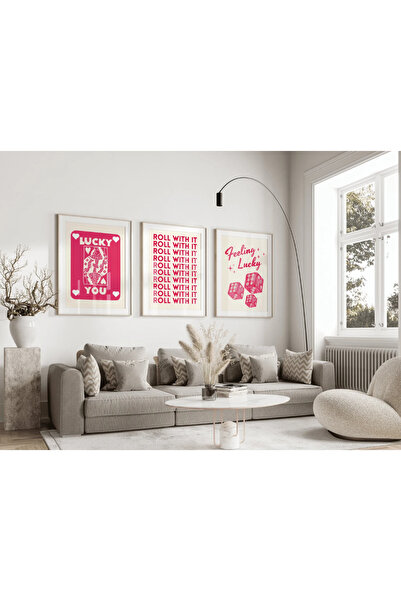 PAM STUDIO Lucky You Poster Seti – Pembe Retro 3’lü Motivasyon ve Şans Temalı Duvar Tablosu