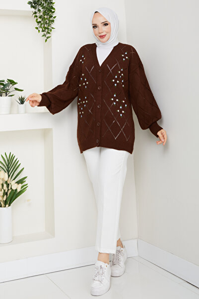 Pamuk Butik Γυναικεία πλεκτή ζακέτα με κουμπιά με σχέδιο αστεριών Bitter Brown