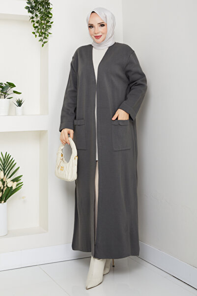 Pamuk Butik Γυναικεία μακριά πλεκτή ζακέτα από ατσάλι με τσέπες