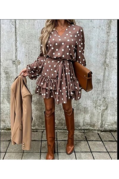 Ekince Women's long sleeve v-neck belted waist polka dot mini modal dress