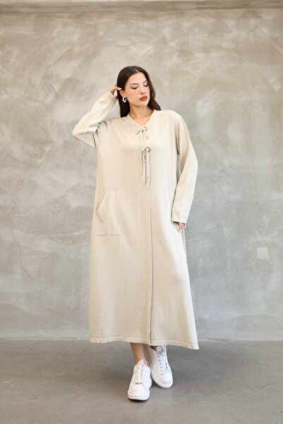 AYASOFYA OTANTIK Women's Beige Round Neck Buckled Side Slit Vintage Detailed Cotton Knit Long Dress