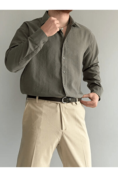 MENOFOURSWEAR Old Money Yüksek Kalite Kışlık Kalın Modal Kumaş Gömlek Haki