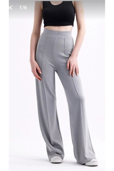 HepsitrentStore Gray Color Wide-Leg Striped Crepe Trousers