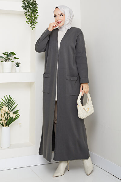Pamuk Butik Γυναικεία μακριά πλεκτή ζακέτα από ατσάλι με τσέπες