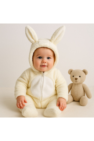 AKİ MODA KİDS Tavşan kulaklı welsoft kapüşonlu kışlık unısex 0-12 ay tulum 1 ...