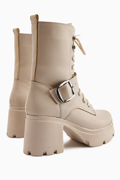 Limoya Caklin Beige Belted Women's Platform Heeled Boots