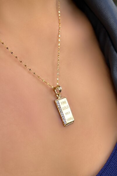 Altınaşkı Taşlı Külçe Aynalı Altın Kolye