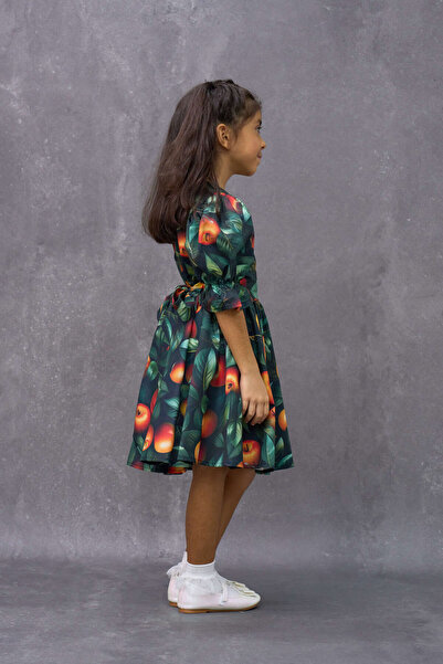 KÜÇÜĞÜM BUTİK Vintage Apple Patterned Satin Mother Skirt and Girl's Flared Dress (Sold Separately)