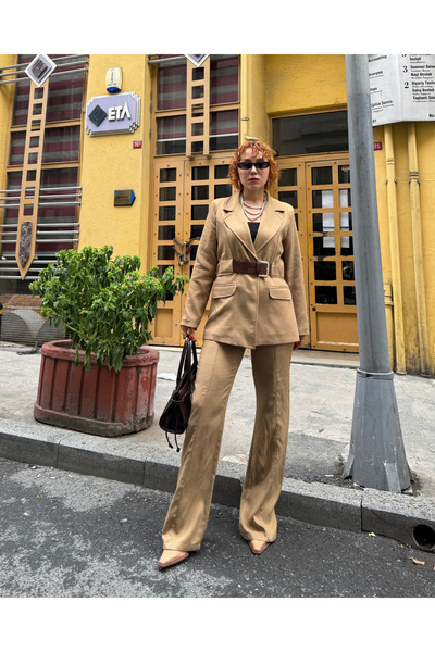 Bak'ap Premium Design Belt Detailed Fitted Waist Blazer Jacket-Spanish Flared Trousers Winter Two-Piece Set