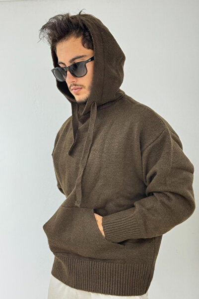 thesunfyre Мъжка тъмнокафява пуловер с качулка и кенгуру джобове