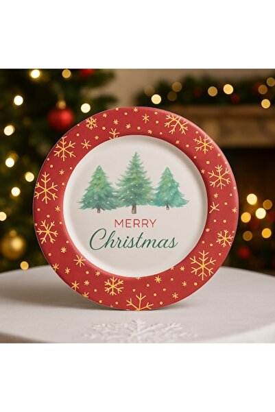 OEM Farfurie decorativă de Crăciun, design „Crăciun fericit”, brazi și fulgi de zăpadă, ideală pentru petreceri festive