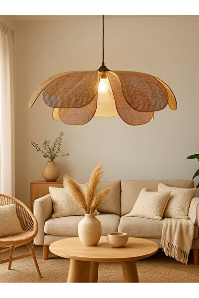 burenze Modern Bohem El Yapımı Orijinal Hasır Bambu Rose Çiçek Sarkıt Avize
