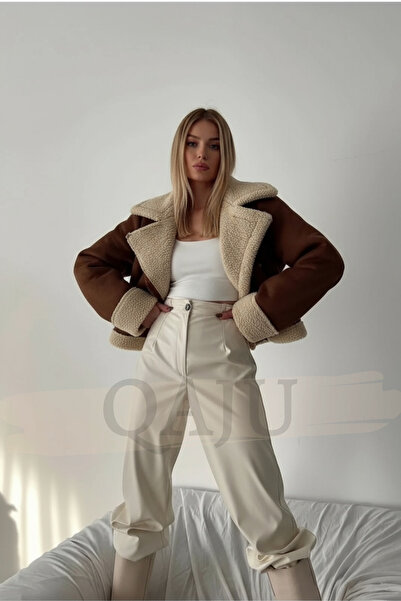 Qaju Дамско кафяво яке от изкуствена кожа с кожена подплата