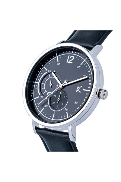 Pierre Cardin Men's Black Leather Watch, Silver Case | Cbn.3019