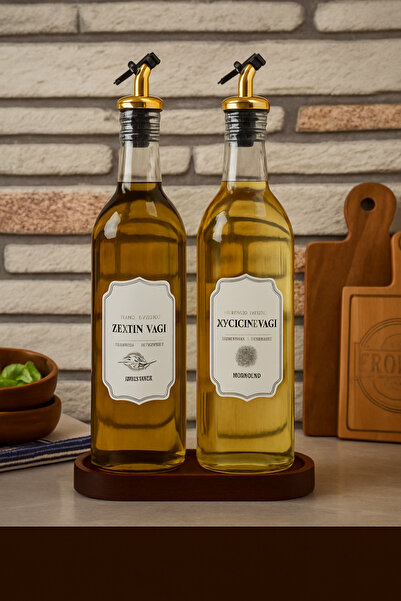 Rembox Ahşap Standlı 2'li Yağ ve Sirke Şişesi Gold Kapaklı 750 ml Yağdanlık Z...