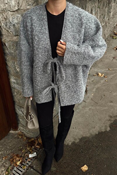 Swist Gray Oversize Women's Wool Cashmere Jacket with Tie Detail