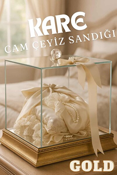 Dantelux Kare Cam Çeyiz Sandığı - Çeyizlik Cam Kutu - Düz Gold - Büyük Boy 35...