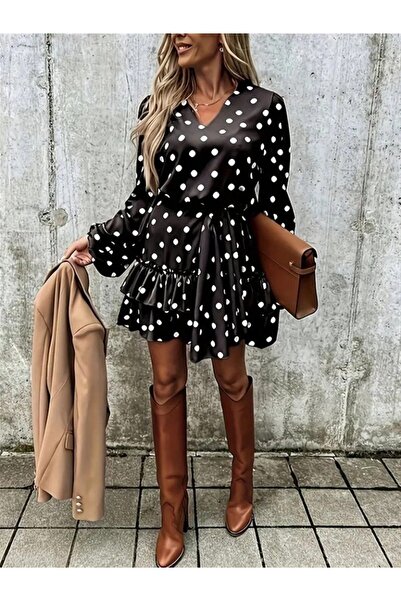REKA MODA Women's long sleeve v-neck belted waist polka dot mini modal dress