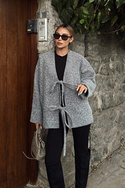 Swist Сірий оверсайз жіночий вовняний кашеміровий піджак з деталями зав'язки