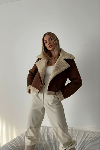 Qaju Дамско кафяво яке от изкуствена кожа с кожена подплата