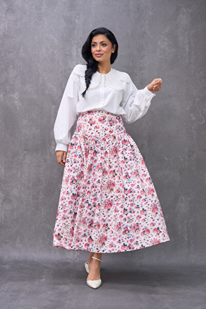KÜÇÜĞÜM BUTİK Vintage Pink Rose Patterned Satin Mother Skirt and Girl's Flared Dress (Sold Separately)